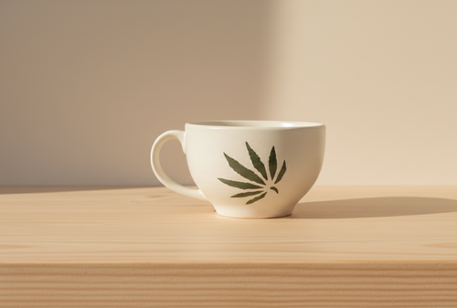 The Verdé Vogue Cup, a luxury ceramic cup with a green cannabis botanical leaf design, rests on a light wooden surface in gentle natural light.